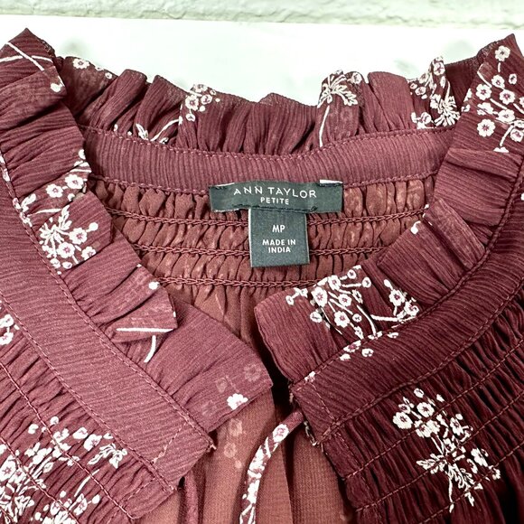 Ann Taylor Tie-Front Blouse – Burgundy with Ivory Florals | Medium Petite - Picture 8 of 9